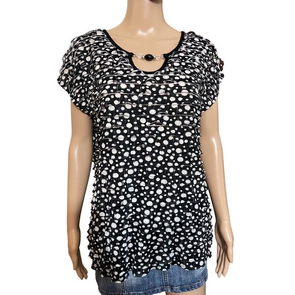 Notations Black White Dots Ruffle Blouse Size Large - Picture 1 of 3